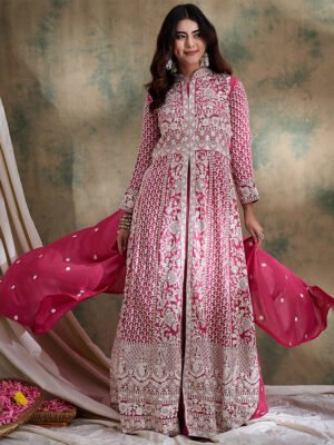 Pink Embroidered Vichitra Silk Anarkali Gown with Lehenga Set