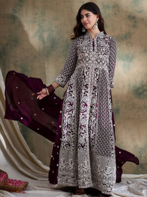 Purple Embroidered Vichitra Silk Anarkali Gown with Lehenga Set