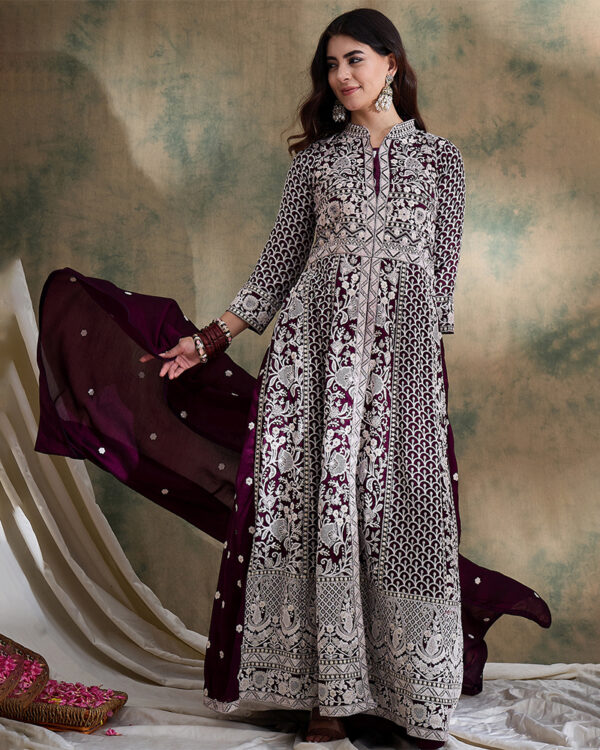 Purple Embroidered Vichitra Silk Anarkali Gown with Lehenga Set