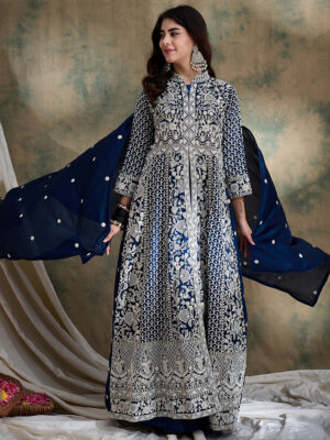 Rama Embroidered Vichitra Silk Anarkali Gown with Lehenga Set