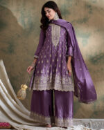 Purple Embroidered Chinon Anarkali Kurta Palazzo Set