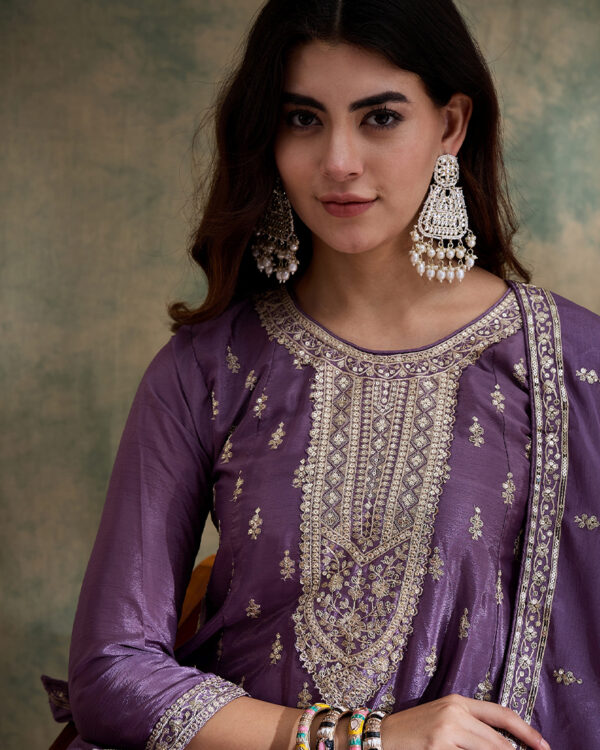 Purple Embroidered Chinon Anarkali Kurta Palazzo Set