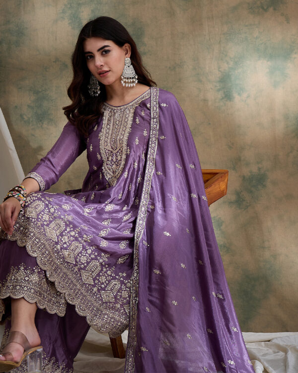 Purple Embroidered Chinon Anarkali Kurta Palazzo Set