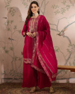 Dark Pink Embroidered Vichitra Silk Straight Kurta Palazzo Set