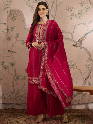 Dark Pink Embroidered Vichitra Silk Straight Kurta Palazzo Set