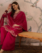 Dark Pink Embroidered Vichitra Silk Straight Kurta Palazzo Set