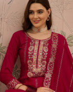 Dark Pink Embroidered Vichitra Silk Straight Kurta Palazzo Set