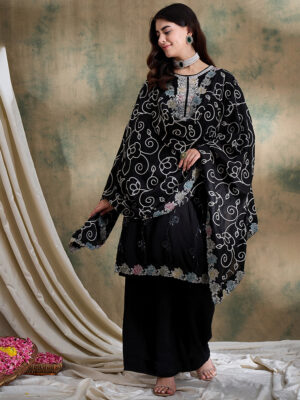 Black Embroidered Vichitra Silk Straight Kurta Palazzo Set