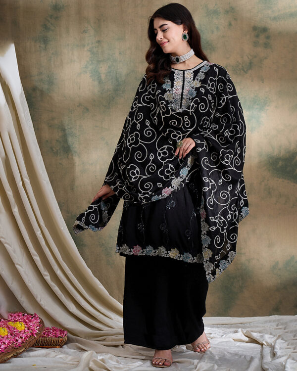 Black Embroidered Vichitra Silk Straight Kurta Palazzo Set