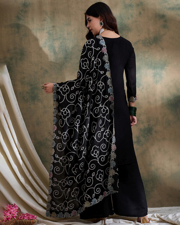 Black Embroidered Vichitra Silk Straight Kurta Palazzo Set