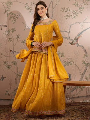 Yellow Embroidered Chinon Straight Choli with Lehenga Set