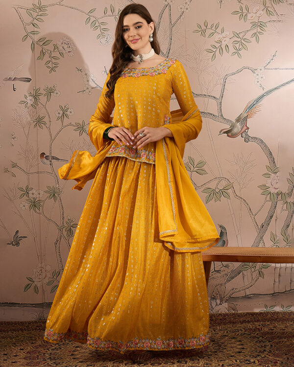 Yellow Embroidered Chinon Straight Choli with Lehenga Set