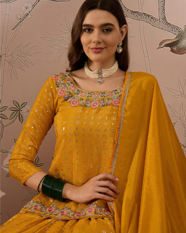 Yellow Embroidered Chinon Straight Choli with Lehenga Set