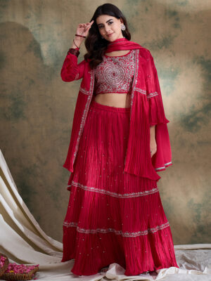 Pink Embroidered Chinon Lehenga Choli with Jacket Set