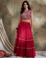 Pink Embroidered Chinon Lehenga Choli with Jacket Set