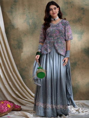 Grey Embroidered Faux Georgette Flared Lehenga Kurta Set