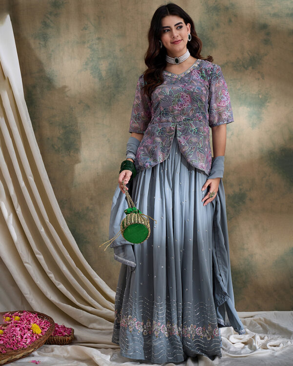 Grey Embroidered Faux Georgette Flared Lehenga Kurta Set