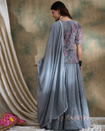 Grey Embroidered Faux Georgette Flared Lehenga Kurta Set