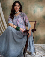 Grey Embroidered Faux Georgette Flared Lehenga Kurta Set