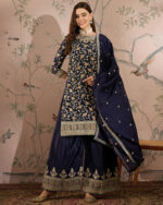 Blue Embroidered Chinon Straight Kurta Palazzo Set