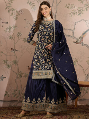 Blue Embroidered Chinon Straight Kurta Palazzo Set