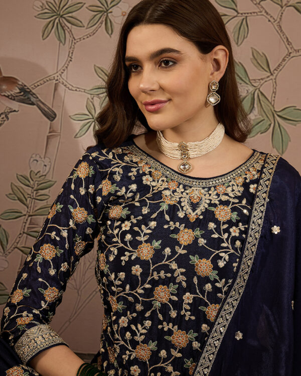 Blue Embroidered Chinon Straight Kurta Palazzo Set