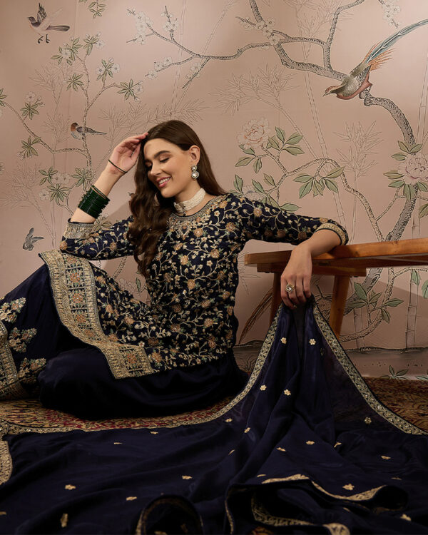 Blue Embroidered Chinon Straight Kurta Palazzo Set