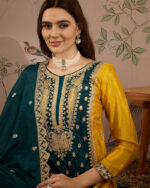 Yellow Embroidered Chinon Anarkali Kurta Palazzo Set