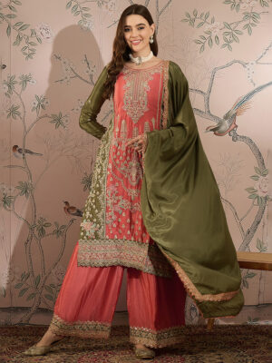 Peach Embroidered Chinon Straight Kurta Palazzo Set