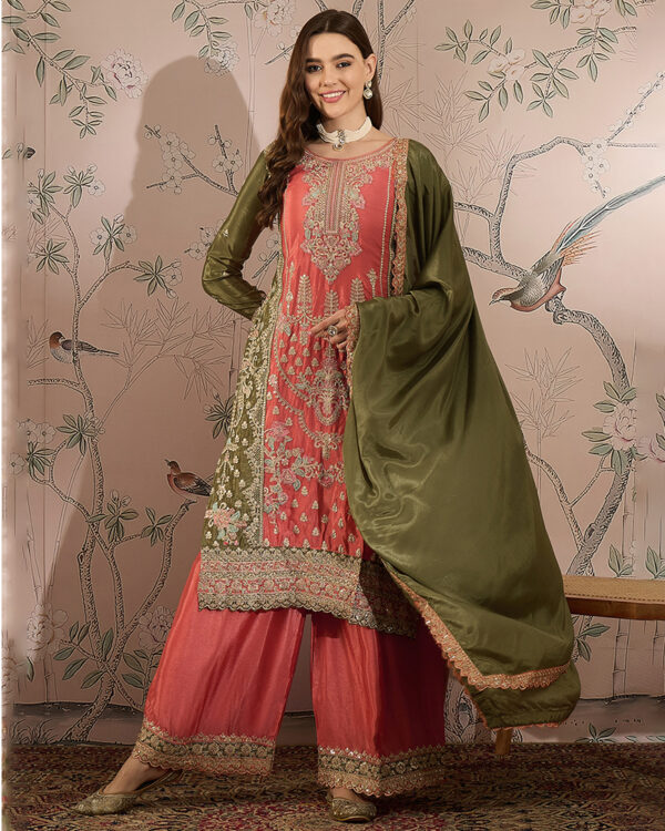 Peach Embroidered Chinon Straight Kurta Palazzo Set