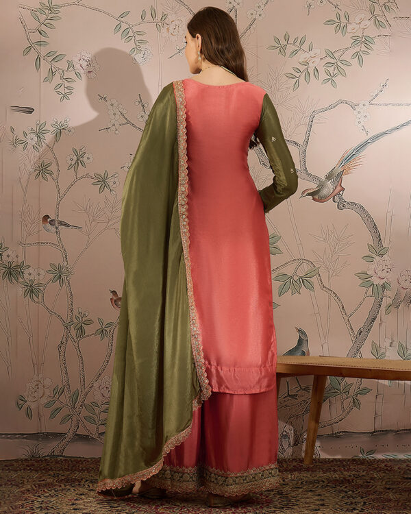 Peach Embroidered Chinon Straight Kurta Palazzo Set