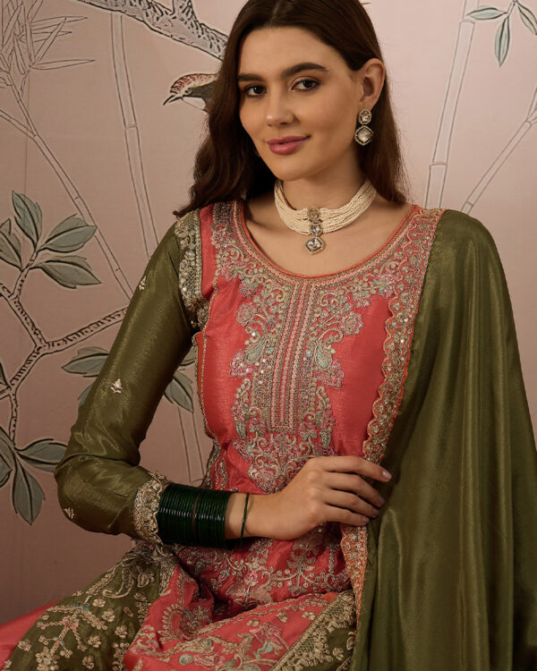 Peach Embroidered Chinon Straight Kurta Palazzo Set