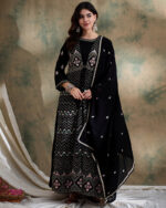 Black Embroidered Faux Georgette Anarkali Gown with Jacket