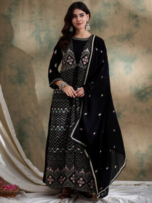 Black Embroidered Faux Georgette Anarkali Gown with Jacket