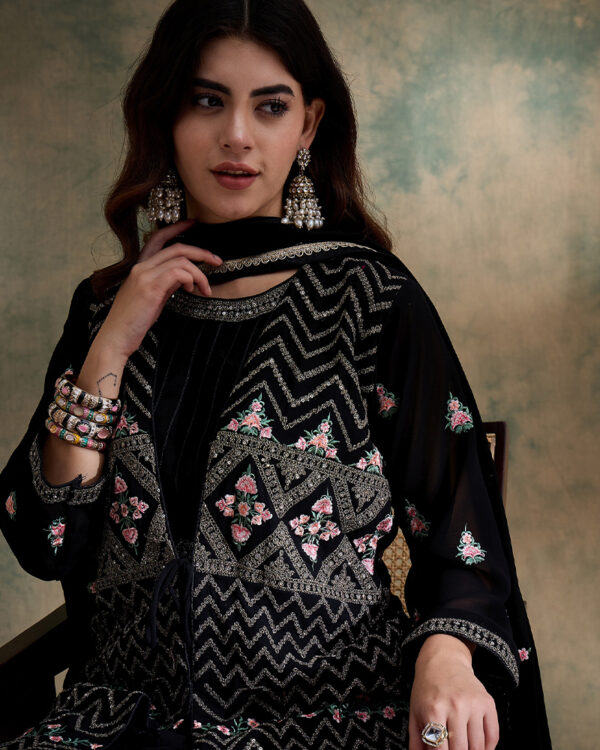 Black Embroidered Faux Georgette Anarkali Gown with Jacket