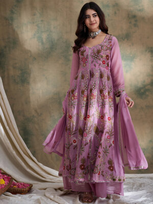 Pink Embroidered Vipro Silk Anarkali Kurta with Lehenga Set