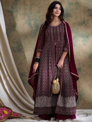 Purple Embroidered Faux Georgette Anarkali Kurta Lehenga Set