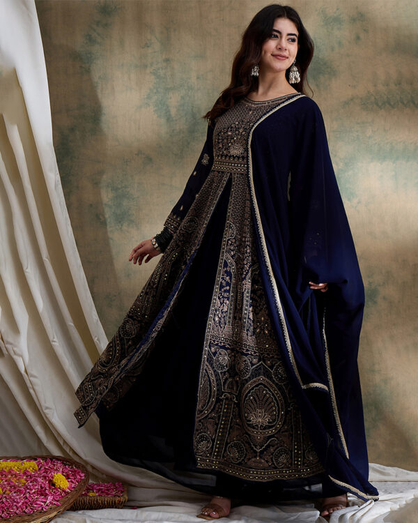 Blue Embroidered Faux Georgette Anarkali Top with Lehenga Set