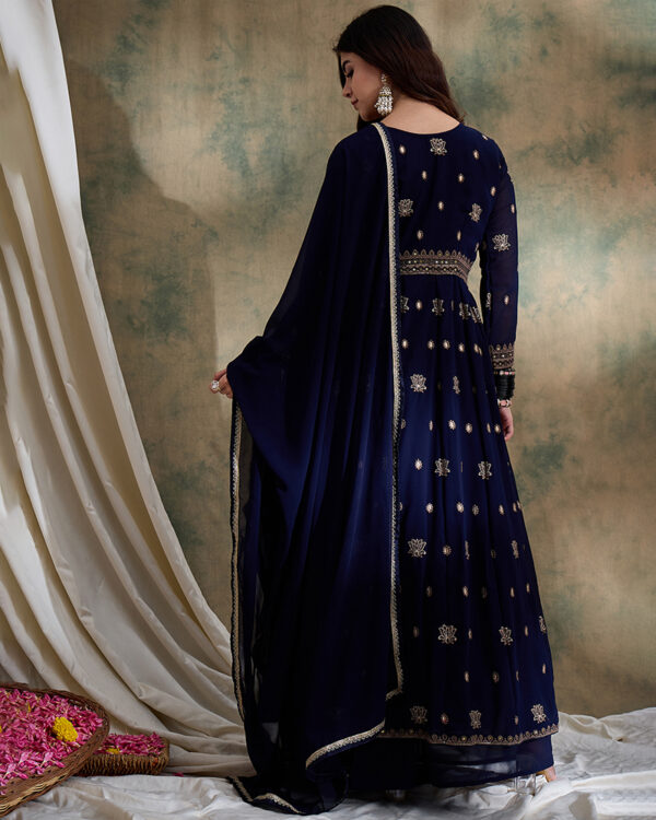 Blue Embroidered Faux Georgette Anarkali Top with Lehenga Set