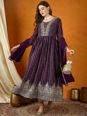 Purple Embroidered Faux Georgette Anarkali Gown