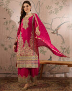 Pink Embroidered Chinon Straight Kurta Palazzo Set