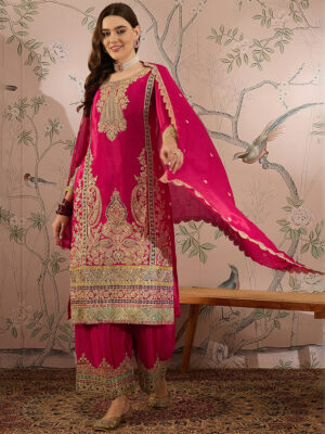 Pink Embroidered Chinon Straight Kurta Palazzo Set