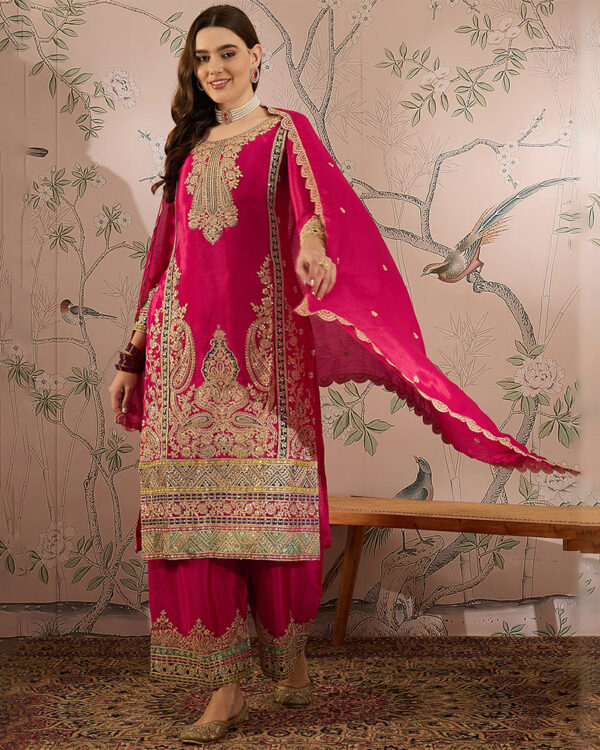 Pink Embroidered Chinon Straight Kurta Palazzo Set