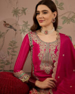 Pink Embroidered Chinon Straight Kurta Palazzo Set