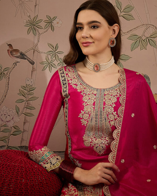 Pink Embroidered Chinon Straight Kurta Palazzo Set