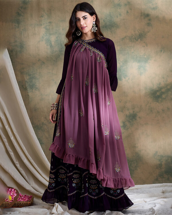 Purple Embroidered Faux Georgette Anarkali Gown with Dupatta