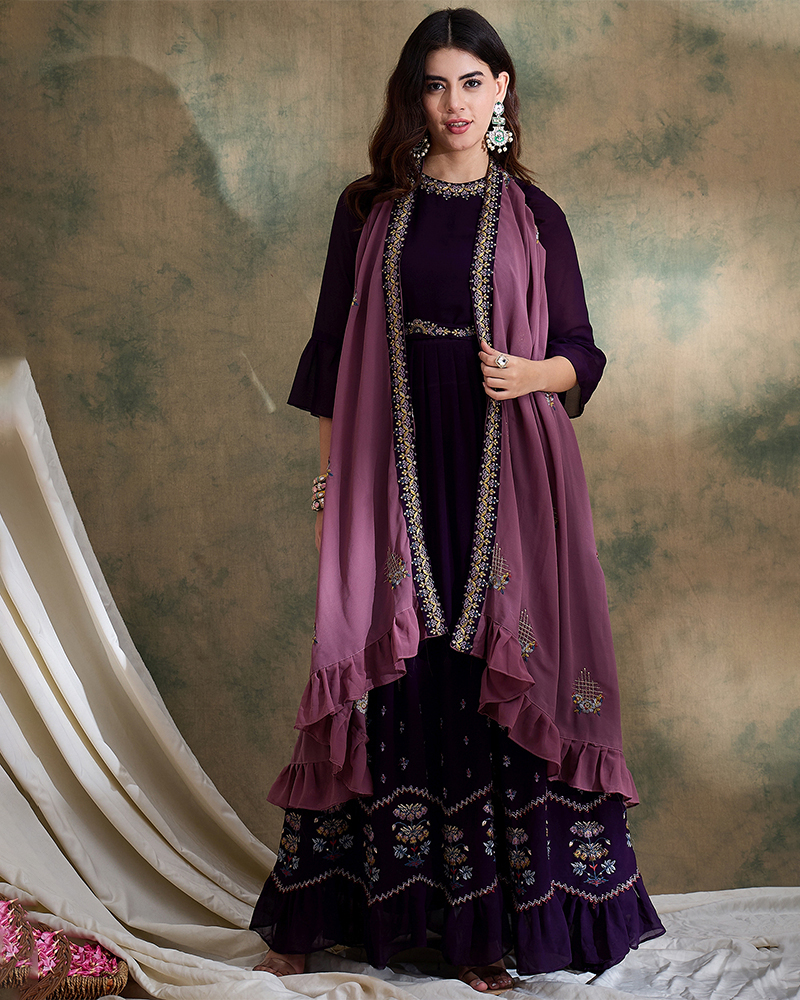 Purple Embroidered Faux Georgette Anarkali Gown with Dupatta