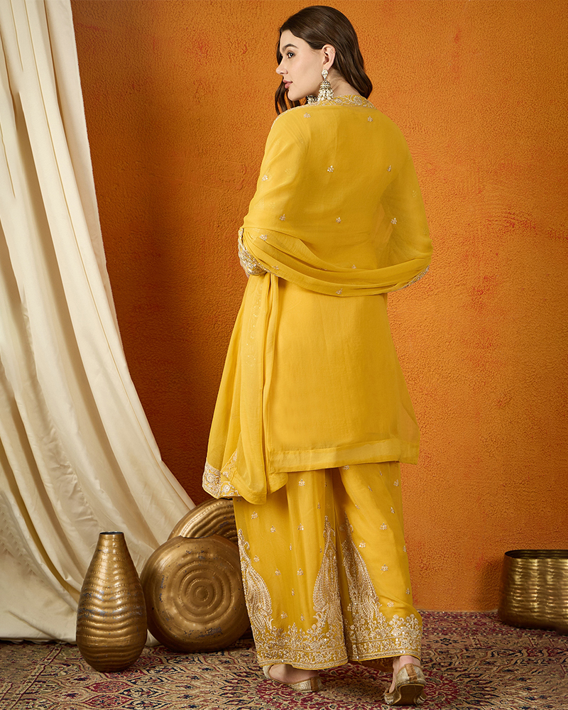 Yellow Embroidered Kurta Palazzo Set