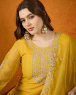 Yellow Embroidered Georgette Straight Kurta Palazzo Set