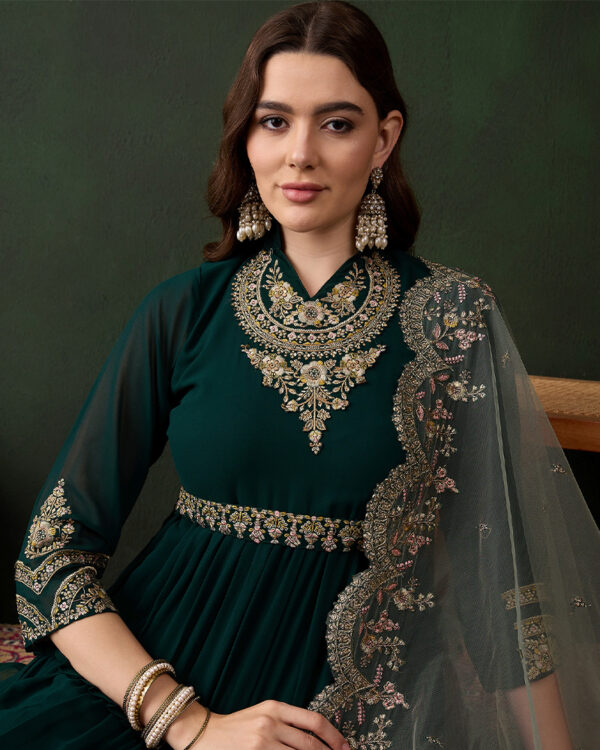 Green Embroidered Anarkali Gown with Net Dupatta - Perfect for Weddings and Festive Occasions